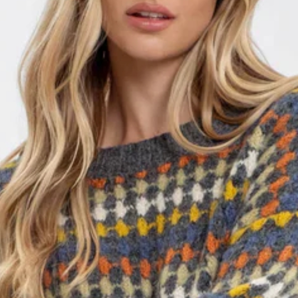 "Perch" by Blu Pepper Chunky Boho Style Drop Neck Patterned Women's Sweater, 2X